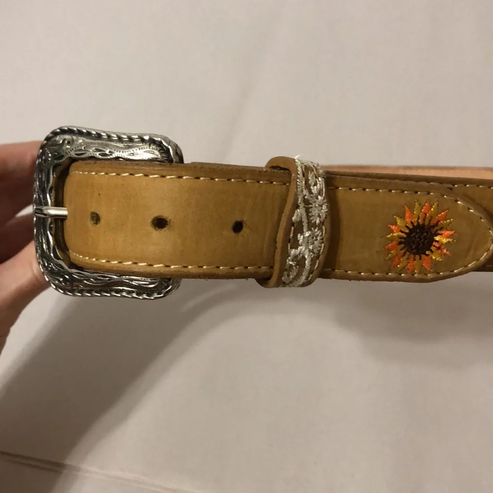 Sunflower Embroidered Leather Belt with Large Silver Western Buckle